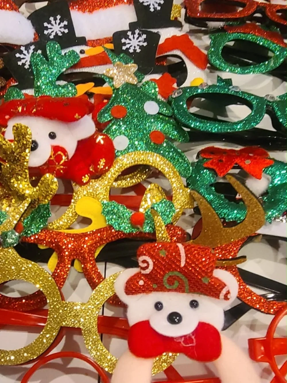 Holiday Party Accessory Bundle - Red & Green Glitter 36 glasses + 36 Headbands